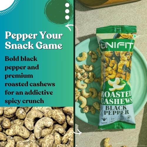 Image of UNIFIT Roasted Cashews Black Pepper | Premium Crunchy Cashews | High Protein & Healthy Snack | Roasted, Not Fried | 40g Pack