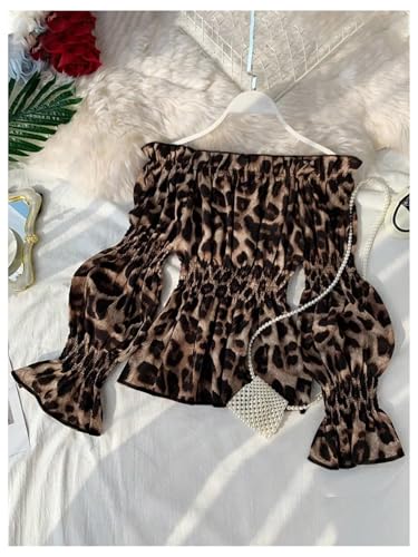 SOLY HUX Women's Leopard Print Blouse Off Shoulder Flounce Long Sleeve Ruffle Hem Peplum Tops2
