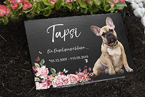 Grabstein Hund aus Schiefer mit farbigem Foto - Tier Gedenkstein als liebevolle Erinnerung an geliebtes Haustier - Grabdeko Gedenktafel Naturstein