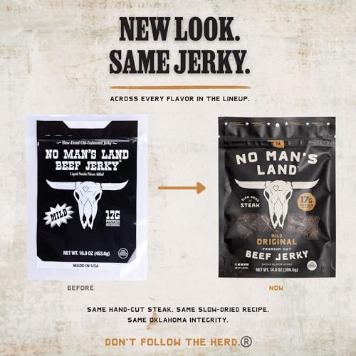 Image of No Mans Land Slow-Dried Beef Jerky | Smoked & Seasoned Jerky Strips | High Protein, Low Carb Beef Snack | Gluten Free - MILD (14oz)