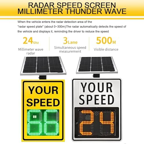 Solar Powered Radar Speed Sign with Accessories - LED Traffic Speed Display Feedback Board, 50x70cm (20x27in) Safety Warning Sign, Yellow, Solar Panel Integrated