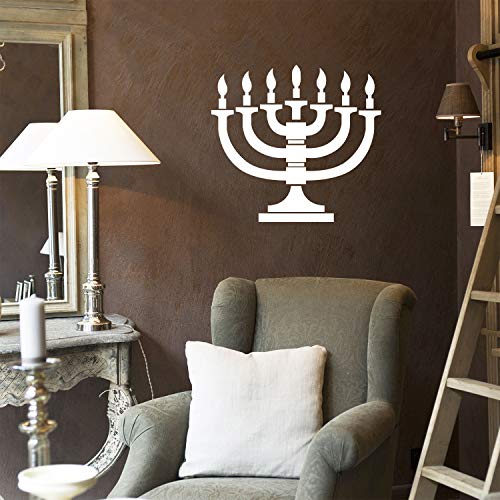 Vinyl Wall Art Decal - 7 Menorah Candles - 21" x 23" - Jewish Holiday Candelabrum Decoration Sticker - Indoor Outdoor Home Office Wall Door Window Bedroom Workplace Decor Decals (21" x 23", White)