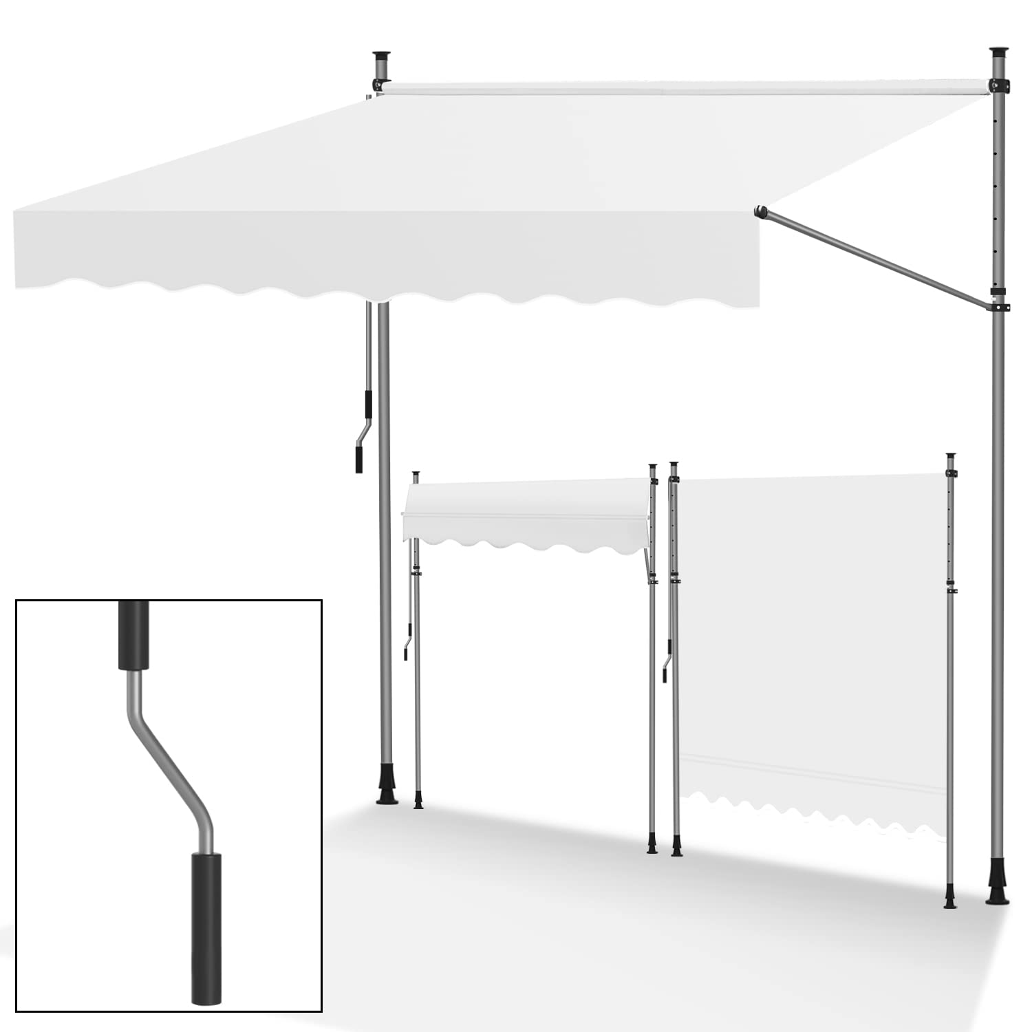 Tubiaz Klemmmarkise Balkon ohne Bohren, markise Balkon 300cm breit mit Handkurbel, Höhenverstellbare, UV-beständig und wasserdicht Klemmmarkise für Terrasse Balkon, Milchweiß