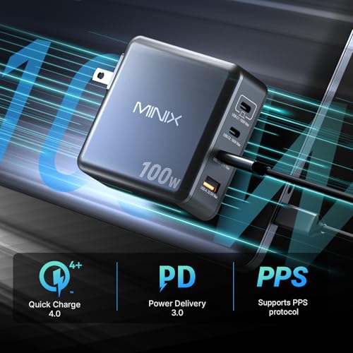 Image of MINIX 100W USB C Charger, 4-Port Fast GaN Charger, Compact Foldable Wall Charger, Compatible with MacBook Pro /Air, iPad Pro, iPhone 17 /16 /15 Series, Galaxy S25 /S24, and More for Home, Travel