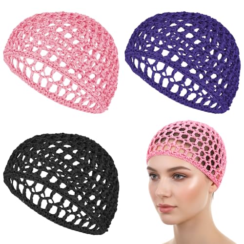 3 Pcs Mesh Hair Net, Elastic Crochet Hair Net, Black Pink Blue Bonnets for Hairs Protection, Shower Caps Hairnets for Women Sleeping Wrap Cap, Breathable Hairnets for Thick Long Short Curly Hairs