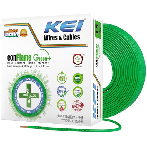 Image of KEI CONFLAME GREEN PLUS 1.5 sqmm 1 Core, 99.97% Pure Copper Conductor,FRLSH - Lead Less Insulation House Wire Suitable for Domestic & Industrial Electrical Wiring (Green, 180 Meters)