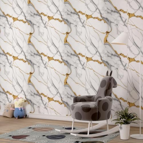 Image of VOOY Self-Adhesive Kitchen Wallpaper, PVC 3D Wall Sticker Oil Proof & Waterproof, Kitchen Backsplash Stickers Navy Blue and Golden Marble Pattern (60cm x 200cm) (Pack of 2) (TS-77)