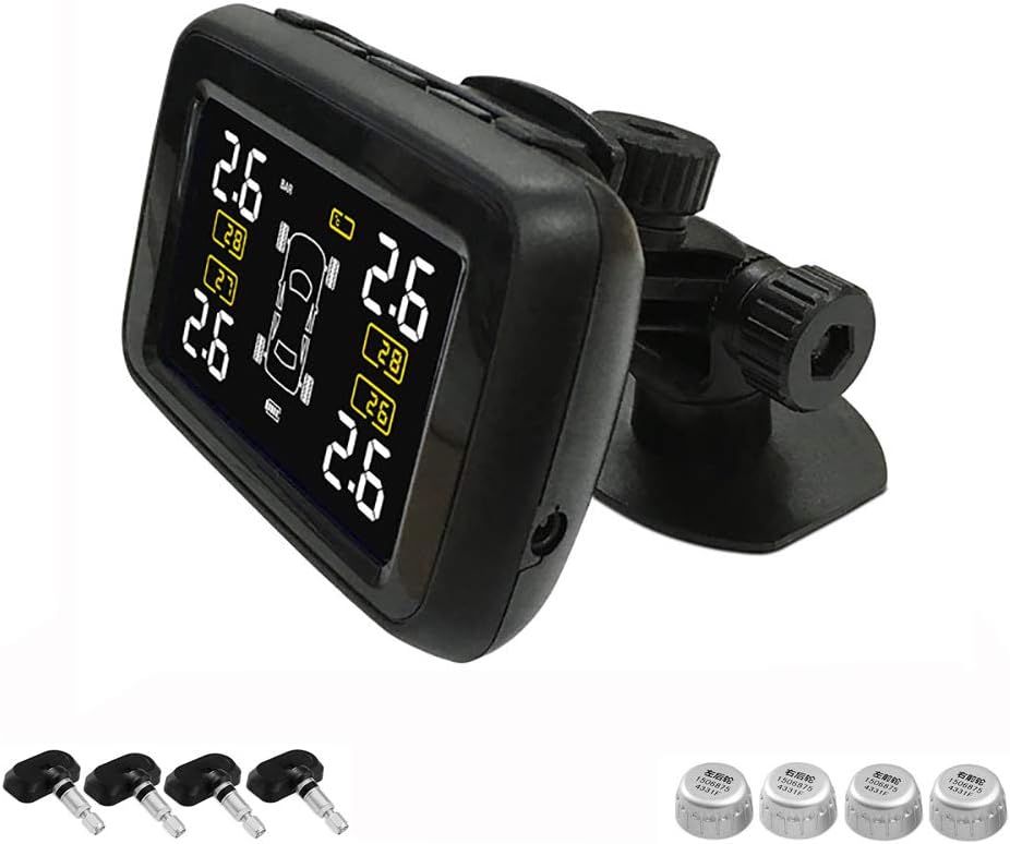 T901 Universal Tire Pressure Monitoring System TPMS Wireless RF Transmission Windshield/Dashboard Mini USB Recharging Slot 4pcs Internal/External Sensors Real-time Monitoring (W/4pcs external sensors)