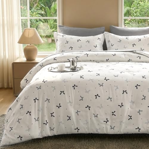 Jameswish 7 Pieces Black Bow Comforter Set for Girls Kids Soft Fluffy Bedding Set Full Size Bed in A Bag as Gifts (1 Comforter, 1 Flat Sheet, 1 Fitted Sheet, 2 Pillowcase and 2 Pillow Sham)
