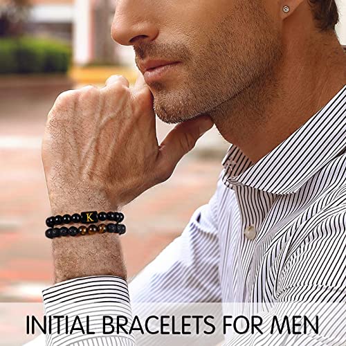 Storup Initial Bracelets For Men, 8Mm Tiger Eye Lava Rock Obsidian Stone Handmade Mens Jewelry Adjustable Bracelets Jewelry Meaningful Letter Mens Bracelet Gifts For Birthday Gifts For Men (M) #TOP1