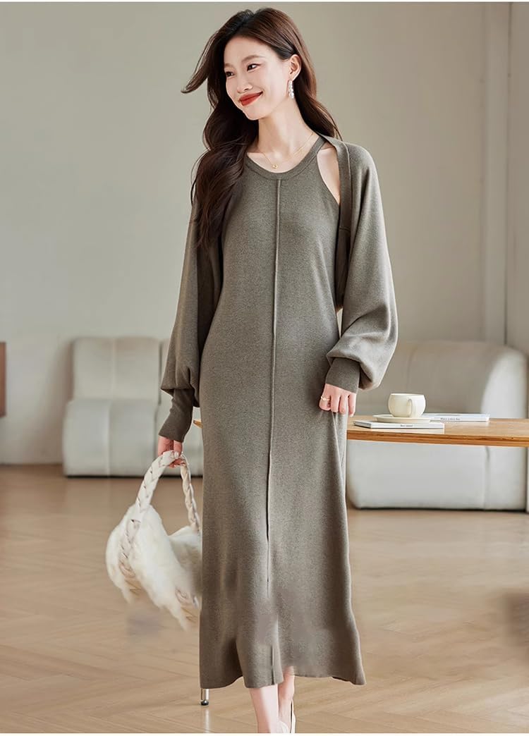 LIXINGHEITANG Short Shawl Wool Two- Suit Knitted Dress Autumn and Winter Sleeveless Cashmere Sweater Long Skirt