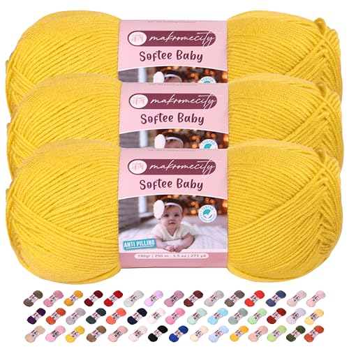 Image of Makromecity Softee Baby Yarn,%100 Premium Anti-Pilling Acrylic, 3.5 Oz, 273 yd (100gr /250 mt), Soft Yarn for Crocheting and Knitting (Saffron, 3 Skeins)