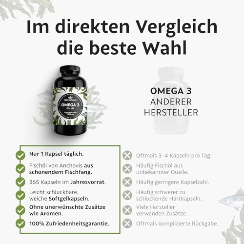 Omega 3 Kapseln hochdosiert - Jahresvorrat 365 Stück - Nur 1 Kapsel täglich - Essentielle Omega 3 Fettsäuren EPA & DHA - Fischöl Kapseln aus nachhaltigem Fischfang, ohne unnötige Zusätze