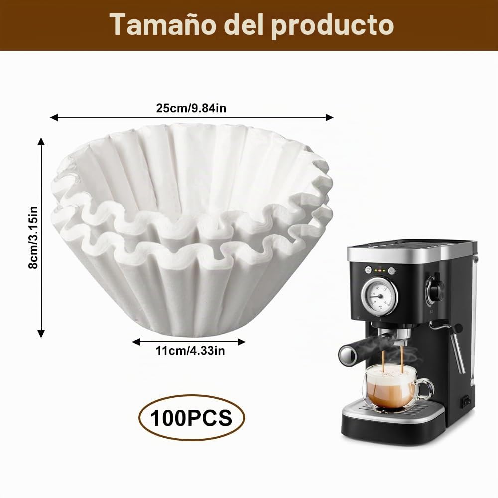 100 Piezas Filtros Cafetera Goteo, 110/250 mm Papel De Filtrode Café | para 8-12 Tazas de Café, Fácil de Usar Universal Ondulado Filtros de Papel para Casa, Camping, Oficina, Picnic (Blanco)