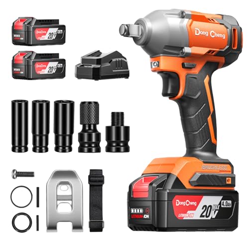 Image of Dong Cheng 20V Brushless Cordless Impact Wrench Kit, 380W Motor, 300N.m Max Torque, Working Modea (210 /300N.m), 2x4000mAh Batteries + Fast Charger, Auto Stop Reverse, LED Work Light
