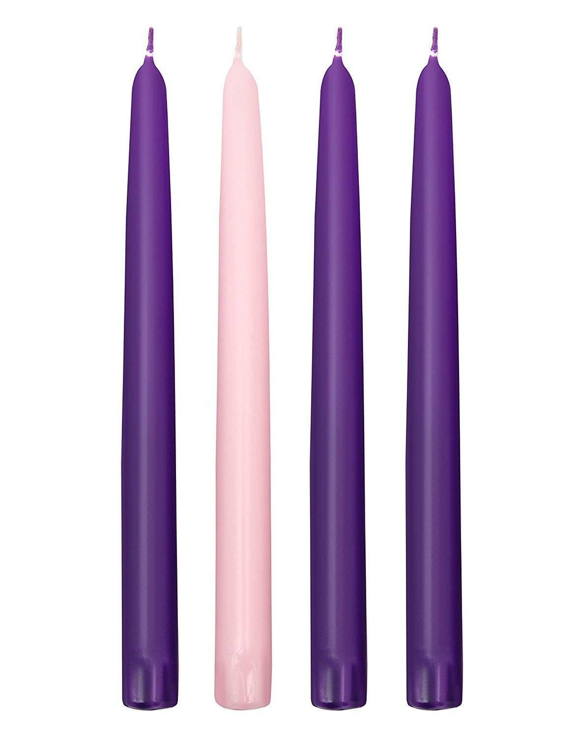 Elite Christmas Products Advent Candle Set. Made in the USA Self Fitting End. Premium Hand Dipped Candles, Dripless, 4 pack - 3 purple, 1 pink