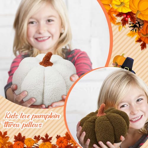 Juexica Gefülltes Kürbiskissen, flauschiges Plüsch, 3D-Kürbis-Form, Dekoration, Herbst, Erntedankfest, Halloween, niedlich, weich, Überwurf für Sofa, Couch, Zubehör (Weiß, Dunkelgrün, Braun), 3 Stück