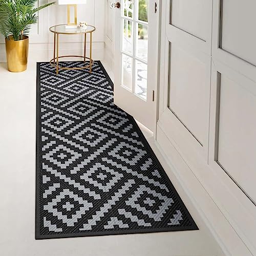 Image of GENIMO Outdoor Rug, Waterproof Plastic Runner Rugs, 2.5'x8' Black Grey | Outside Modern Carpet Mat for Patio Decor, Porch, Deck, Balcony, Camping, RV, Picnic, Beach, Reversible, Foldable