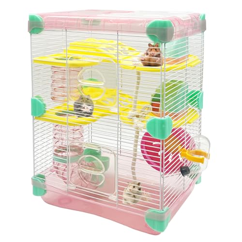 PINVNBY Portable Dwarf Hamster Cage 3 Layers Dwarf Hamster Habitat Small Animal Critter Enclosure with Kettle Exercise Wheel Travel Cage for Dwarf Hamsters Gerbils (Pink)