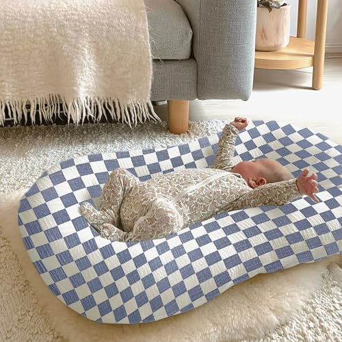 Image of guruixu Muslin Baby Lounger Cover 2 Pack, 100% Cotton Infant Lounger Cover, Soft & Breathable Replacement Slipcover, Compatible with Snuggle Me Newborn Lounger (Tradewinds,Tradewinds Check)