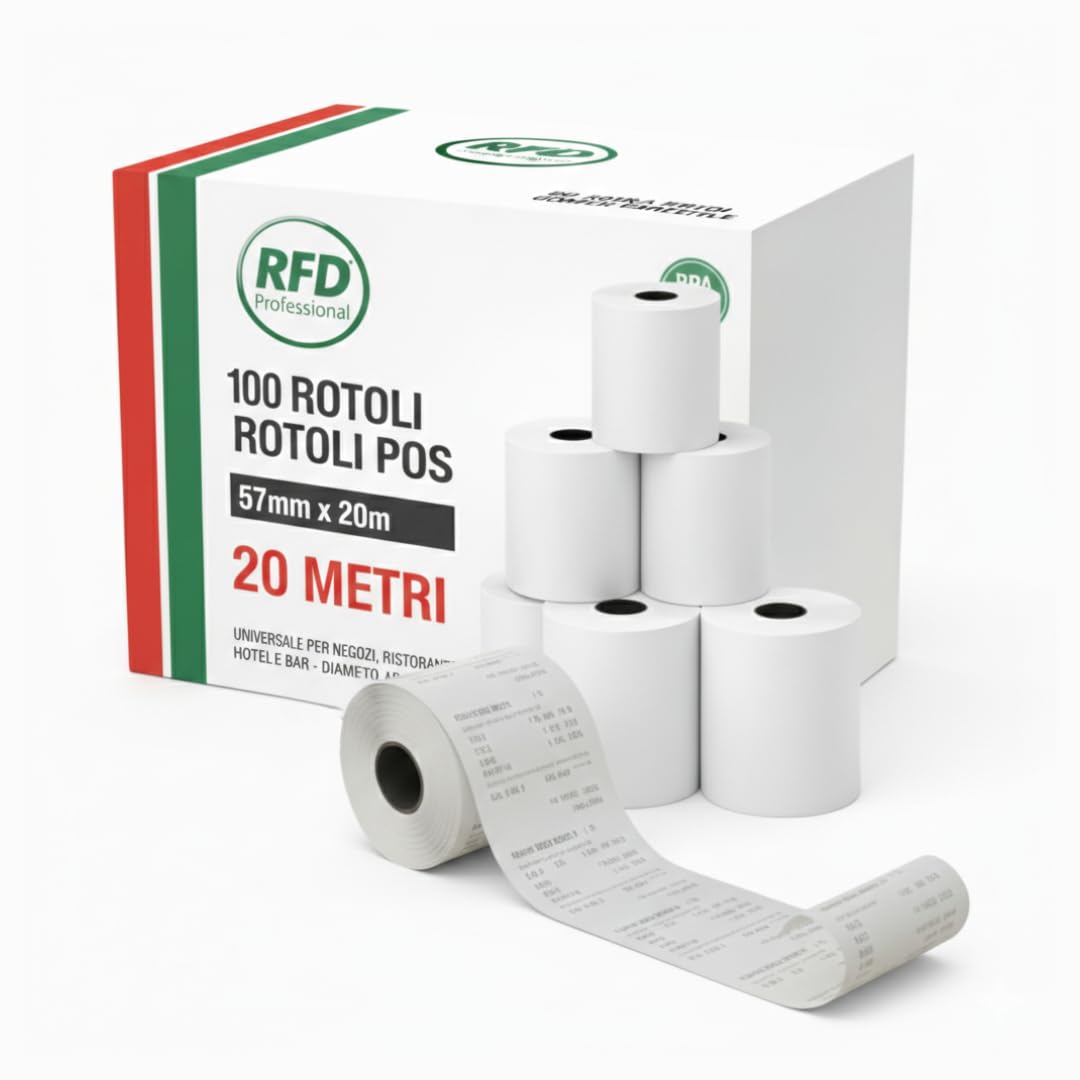 RFD 100 Rotoli POS 57x20 Carta Termica Alta Qualità - Rotolini POS Omologati Compatibili con Nexi, SumUp e Registratori di Cassa - Carta per POS Senza BPA, Certificati FSC