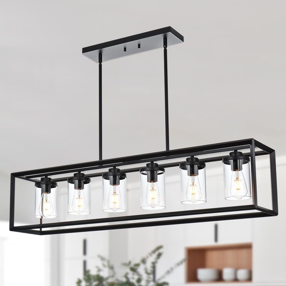 TODOLUZ6-Lights Kitchen Island Pendant Light Fixtures, Black Linear Ceiling Hanging Light Metal Frame with Clear Glass Shades, Farmhouse Dining Room Chandelier E26 Bulb Base