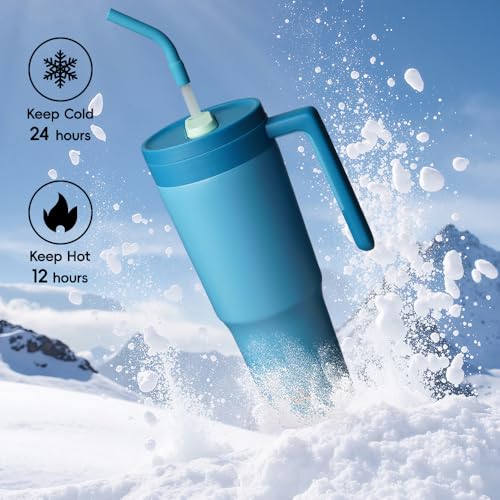 Image of Konokyo 12 Pack 40 Oz Tumblers with Handle and Straw, Bulk Vacuum Insulated Stainless Steel Travel Mugs with Lids for Office, Events and Group Orders Dark Blue