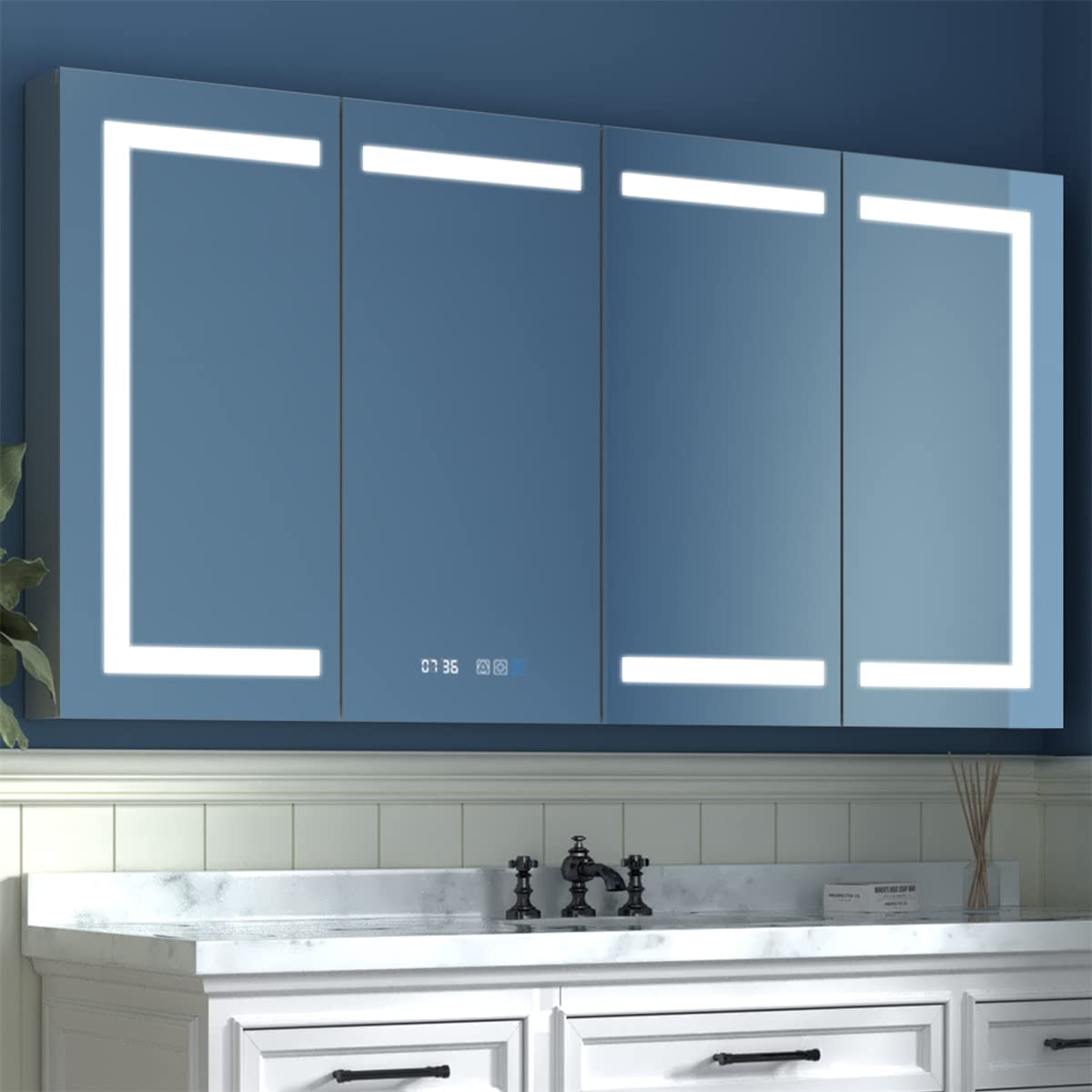 Boyel Living 60x32 Inch Bathroom Cabinet with Mirror and Lights LED Medicine Cabinets for Bathroom Recessed or Surface Mount Anti-Fog, Clock, Room Temp Display, Dimmer, Outlets & USBs