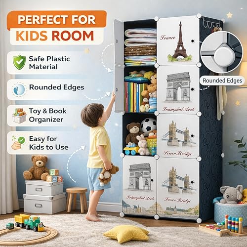 Image of AYSIS Kids Plastic Collapsible Wardrobe Organizer for Storage | Cute Cartoon Design | Heavy Duty Cloth Organizer for Storage | Easy to Assemble | Perfect for Kids Room & Home | Black