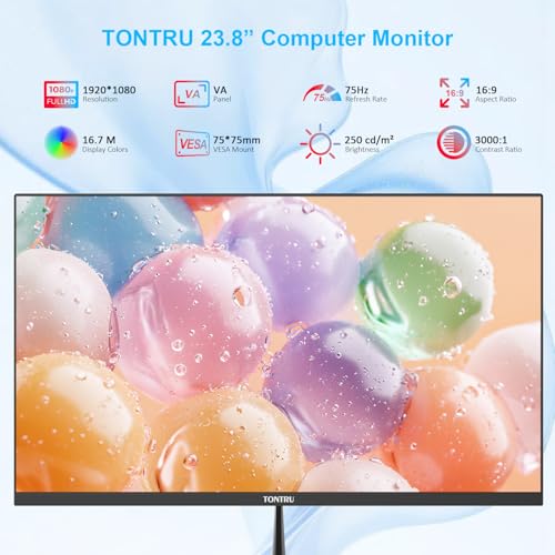 Image of 23.8 inch Monitor, Full HD Computer Monitor with VA Panel, 75Hz Refresh Rate, VESA Mountable, HDMI /VGA, Ergonomic Tilt, Built-in Speakers, Eye Care, 3-Side Frameless, Black