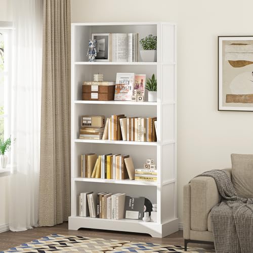 Image of TVU 5-Tier Wooden Book shelf, 65 inchH x 31.5 inchW x 9.9 inchD Bookshelf with Storage, Floor-Standing Display Bookcase, Farmhouse Style Bookshelf with Arched Base, Suitable for Living Room, Study, Office, White