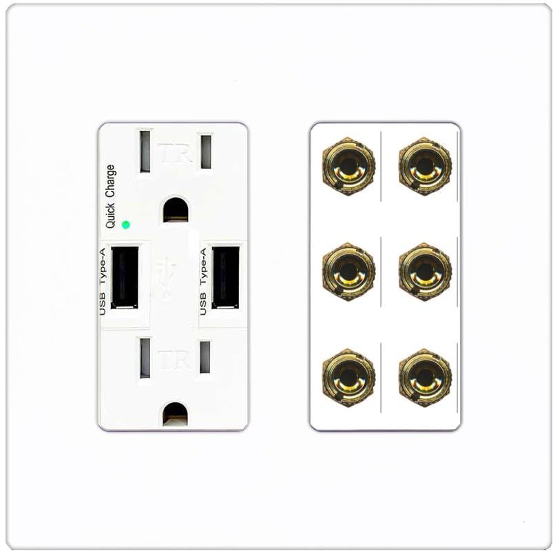 RiteAV 6 Banana 3 Speaker Surround Female Coupler Binding Post Wall Plate - USB Outlet [Ivory/White]