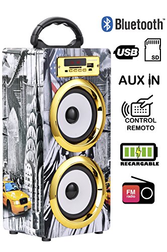 Dynasonic - Enceinte Bluetooth portable 10W, sans fil, lecteur USB/SD, radio FM - Modèle 020-3, Motif New-York, couleur or
