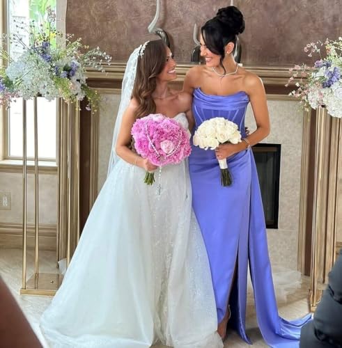 Sukleet Corset Prom Dresses for Women Long Ball Gown Strapless Mermaid Satin Bridesmaid Dresses with Slit4