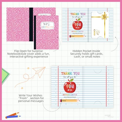 Image of Crtiin 30 Pcs Back to School Teacher Gift Card Holder Set Colorful Composition Notebook Money and Gift Card Sleeves First Day of School Teacher Gifts Bulk for Kindergarten Preschool Elementary