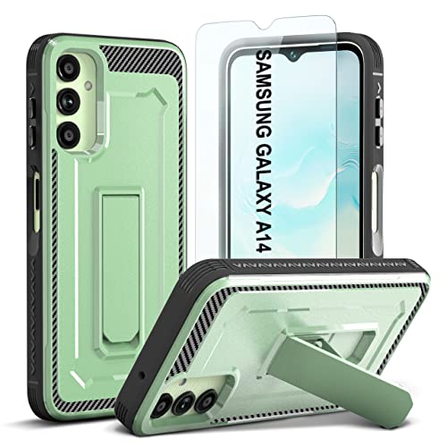 ORETECH Coque pour Samsung Galaxy A14 5G avec [1 Verre Trempé] et [Béquille], Coque Galaxy A14 Antichoc Dos Rigid Bumper Souple Protection A14 Coque Samsung A14 avec Support,6,6 Pouces,Vert