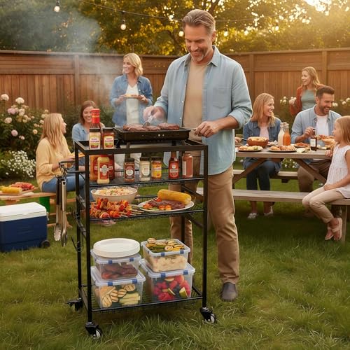 4-stöckiger, rollbarer Grillwagen mit Griff, robuster BBQ-Wagen mit feststellbaren Schwenkrädern, verstellbaren Ablagen und S-förmigen Haken für das Grillen im Freien