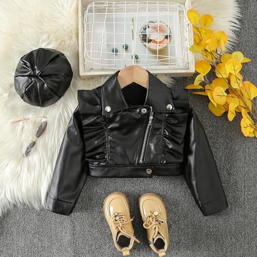 Toddler Girls Faux Leather Motorcycle Jacket Cute Ruffle Spring Fall PU Coat and Hat 2 to 7 Years Top Runaways Black3