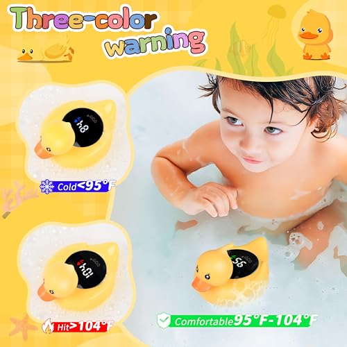 Image of Baby Bath Thermometer - Digital Floating Water Thermometer with LED Display & Color Temperature Alerts, Rechargeable Bath Toy for Infant Bathtub Safety, Newborn Bath Essentials Gift