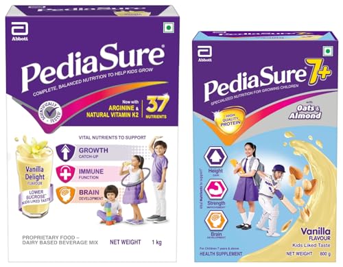 Image of Pediasure Health and Nutrition Drink Powder 1kg, Vanilla Delight Flavour, Value Pack & Pediasure 7+ Specialized Nutrition Drink Powder for Growing Children Vanilla Flavour 800g