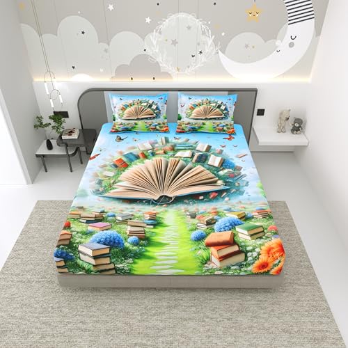Image of Dream Weaverz 7D Bedsheet for Double Bed King Size with 2 Pillow Covers | Digital Printed & Fitted Elastic for Kids | Soft Glaze Cotton Feel | Fits Upto 12 Inch Mattress (Book)