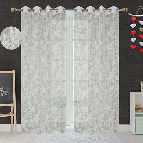 Image of Net Flower Curtains for Window, Door, Long Door, Drawing Room. Living Room. Pooja Room (4X7 Feet) Set of 2 Pcs, Cream