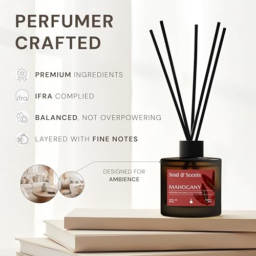 Image of Soul & Scents 50ml Mahogany Reed Diffuser Set | A Rich & Warm Scent of Woods | Get 5 Rattan Reed Sticks | Smoke Less Room Freshener for Home, Bedroom, Living Room & Office