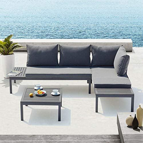 CONCEPT USINE - Salon de Jardin Bas Modulable 4 Places Gris Foncé Design Lolea - Aluminium et Acier - Table Basse Carrée - Dossier Assise Déhoussables -...