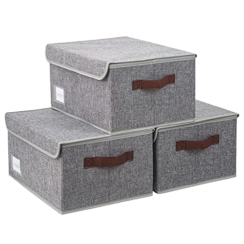 BrilliantJo Lot de 3 Boîtes de Rangement avec Couvercle, Boîte de Rangement Pliable en Lin avec Porte-étiquette et 2 Poignées en Cuir 40 x 30 x 18cm Gris Cover