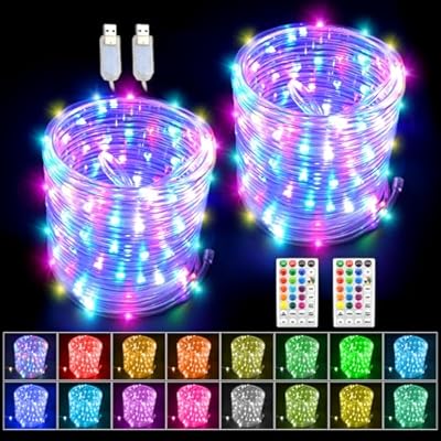 GLPE LED Rope Lights Outdoor with USB Powered, 2 Pack X 33Ft 100 LED String Lights Indoor with Remote,16 Color Changing Fairy Lights for Outside Garden Party Wedding Christmas