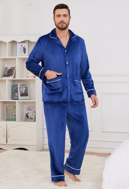 Mens Lightweight Fleece Pajama Set, Long Sleeve Button-Down Soft Comfy Two-Piece Sleepwear Lounge Set3