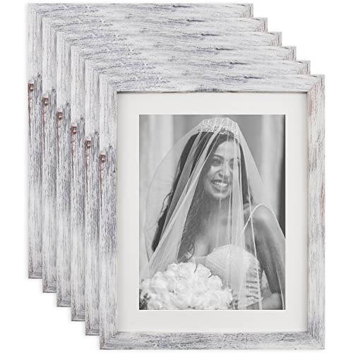 Juego de 6 marcos de fotos de grano de madera blanca envejecida, 8 x 10 cm, para montaje en pared o mesa