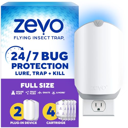 Zevo Flying Insect Trap for Fruit Flies & Gnats, 2 Plug-In Bases, 4 Refills | Catches Fruit Flies & Gnats Near Fruit Bowls & Trash Bins, Spray-Free, Odor-Free, Blue & UV Light Trap, Safe for Kids & Pets*