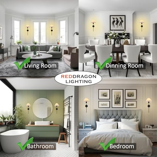 Image of Battery Cordless Fabric Wall Sconces Set of 2 with Remote, Vintage Rechargeable Mushroom Wall Sconces with Fabric Lampshade Picture Wall Light Fixture for Bathroom, Bedroom (2 Pack, Black)